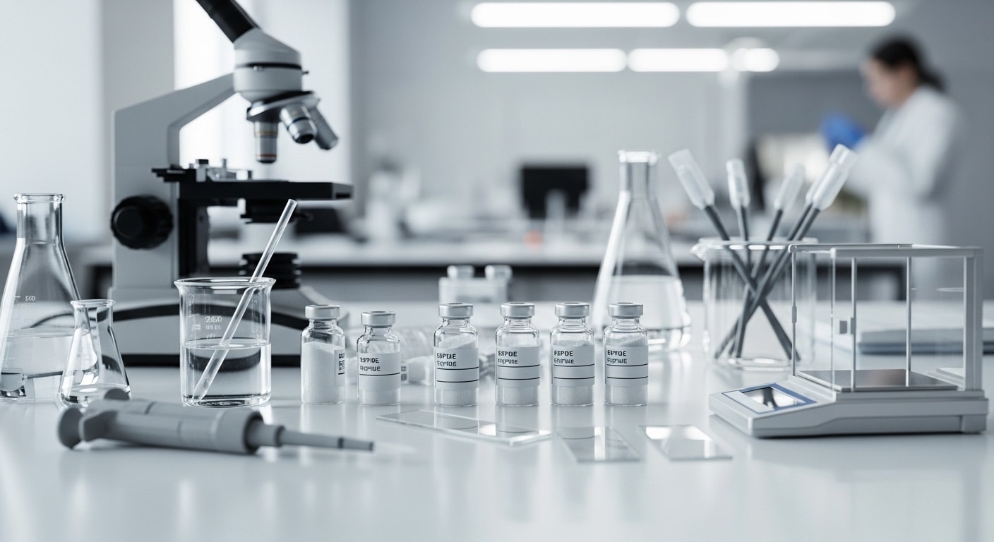 Professional research laboratory with peptide vials and scientific equipment